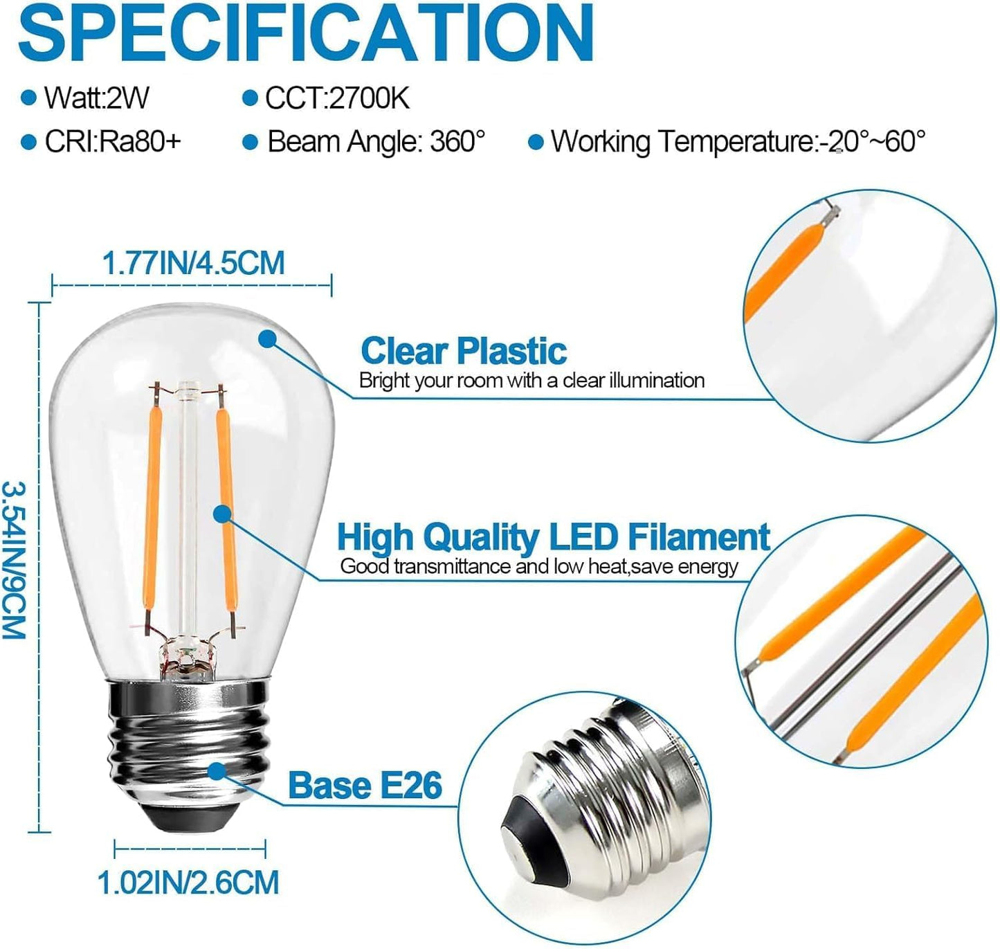 LangPlus+ 15 Pack 2W S14 LED Light Bulbs, E27 Base 2700K Warm White Plastic Shatterproof LED Edison Light Bulbs for Outdoor String Lights, Non- Dimmable 2W Equivalent to 20W Incandescent Bulb