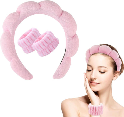 Spa Headbands for Women,3 Pcs Makeup Headband and Wrist Washband Set Skincare Headbands,for Face Washing, Spa,Shower, Makeup Removal Hair Accessories(Pink)