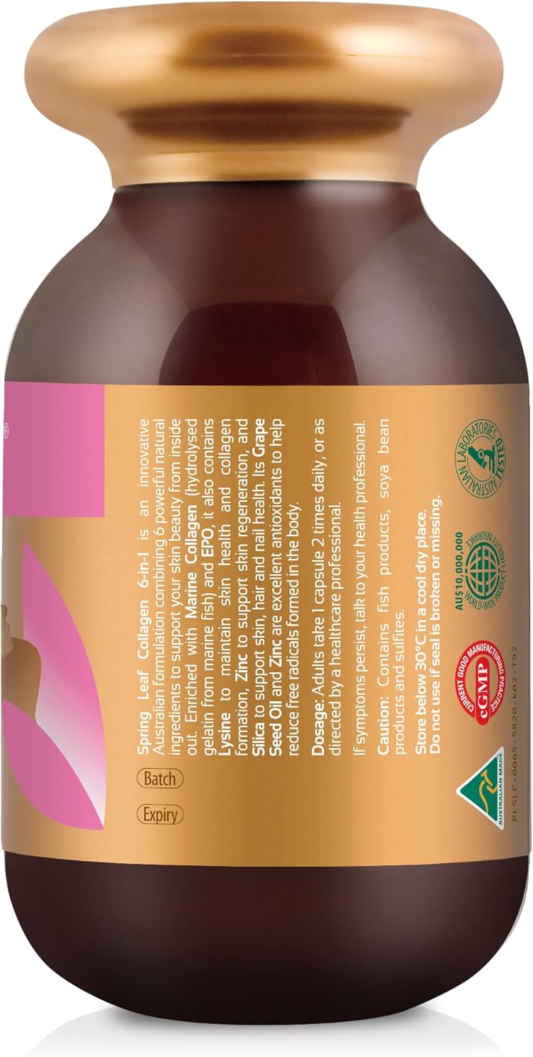 Spring Leaf Inner Beauty Collagen 6-In-1 90 Capsules - Hydrolyzed Marine Collagen - Add Grapeseed For Better Antioxidant - Improve Skin Elasticity and Cell Repair