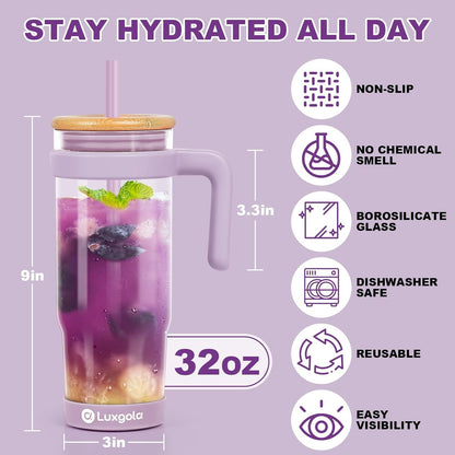 Luxgola 32 oz Glass Tumbler with Handle, Iced Coffee Cup with Bamboo Lid and Straws, Reusable Clear Glass Water Cup with Protective Base - Fits in Car Cup Holder, Dishwasher Safe - Taro Purple