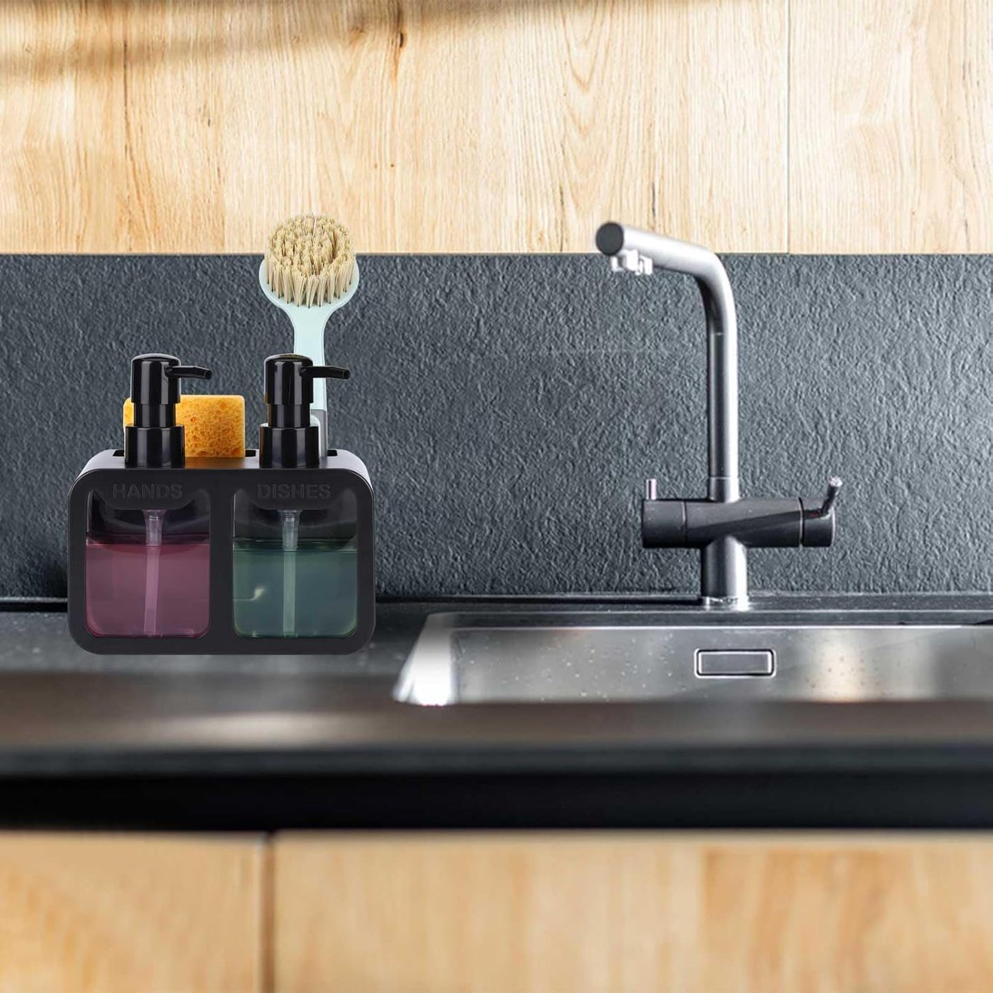 GINZER Dish Soap Dispenser for Kitchen Countertop with Sponge Caddy and Brush Holder - Refillable Non-Slip Dual Pump 4-in-1 Dispenser Soap Dispenser for Kitchen Sink, Essential Kitchen Gadgets – Black