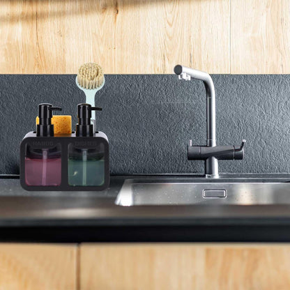 GINZER Dish Soap Dispenser for Kitchen Countertop with Sponge Caddy and Brush Holder - Refillable Non-Slip Dual Pump 4-in-1 Dispenser Soap Dispenser for Kitchen Sink, Essential Kitchen Gadgets – Black