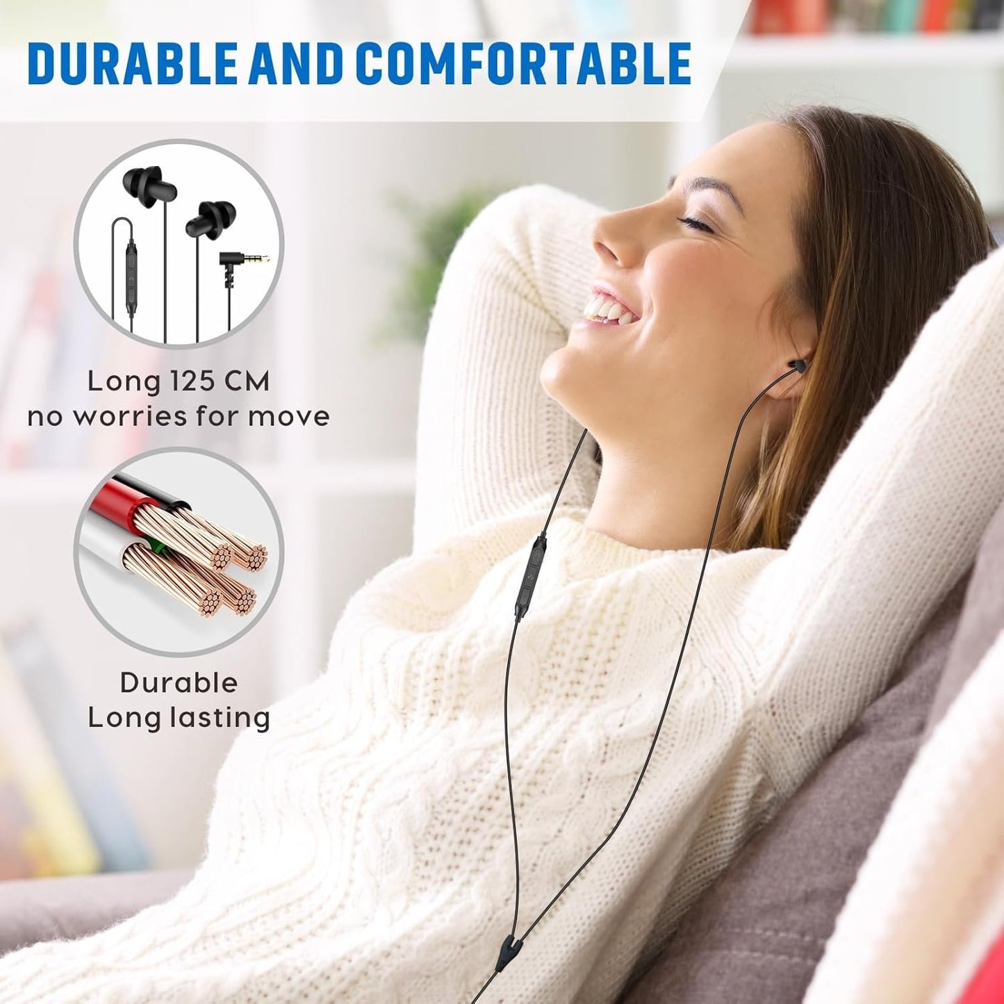 Hearprotek Sleep Earbuds, Lightweight Soft Noise Reduction Ear Buds Wired with Mic and Volume Control, 3.5mm Tangle Free Sleep Headphones for Side Sleepers, Snoring, Air Travel, Meditation, Relaxation