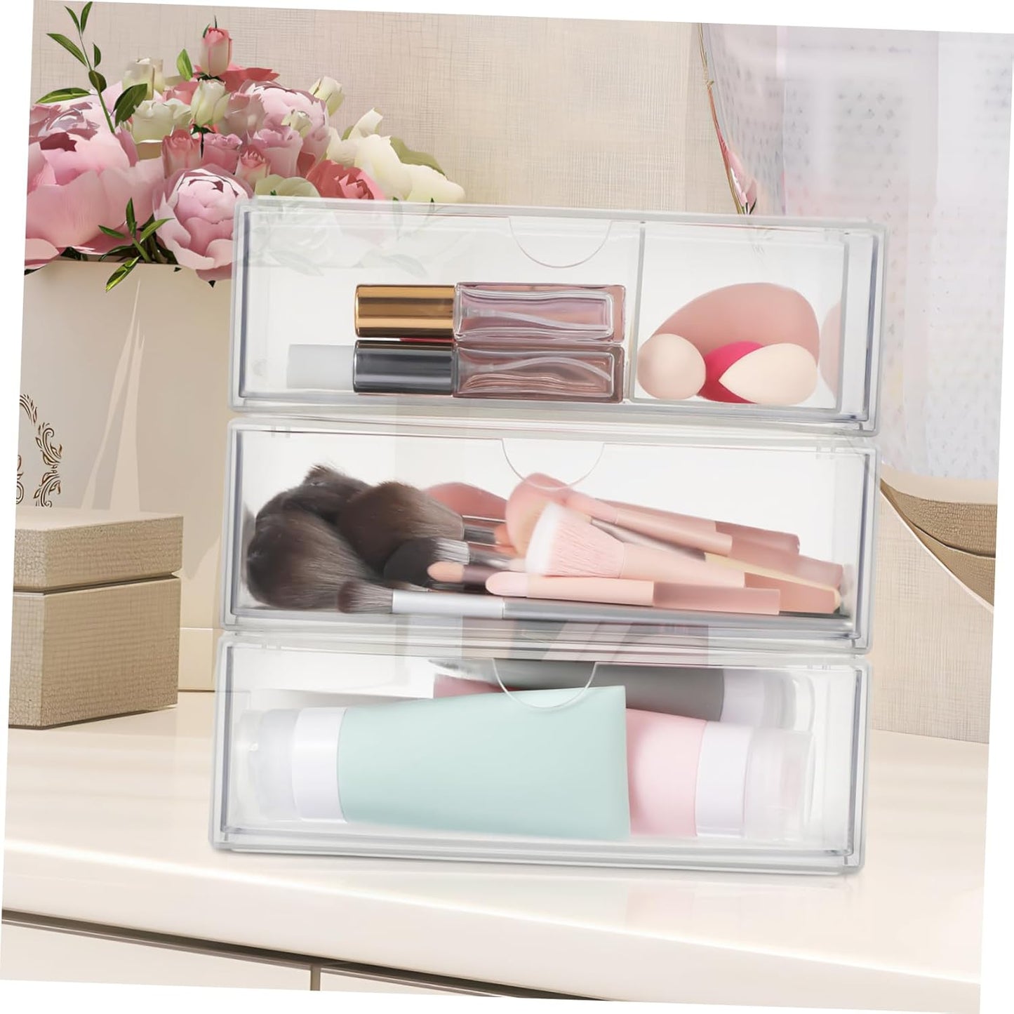 balacoo 3Pezzi Scatola Organizer Makeup Trasparente Per Cosmetici e Accessori Design Multifunzionale Per Bagno e Scrivania Contenitore