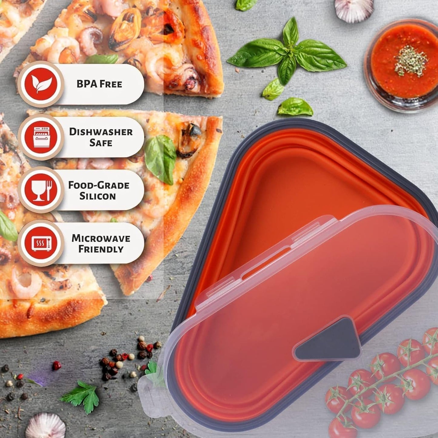 Queceuy reusable expandable pizza storage container includes 5 microwaveable heating trays, adjustable pizza boxes, space-saving pizza rack, and the rest of the pizza slice containers
