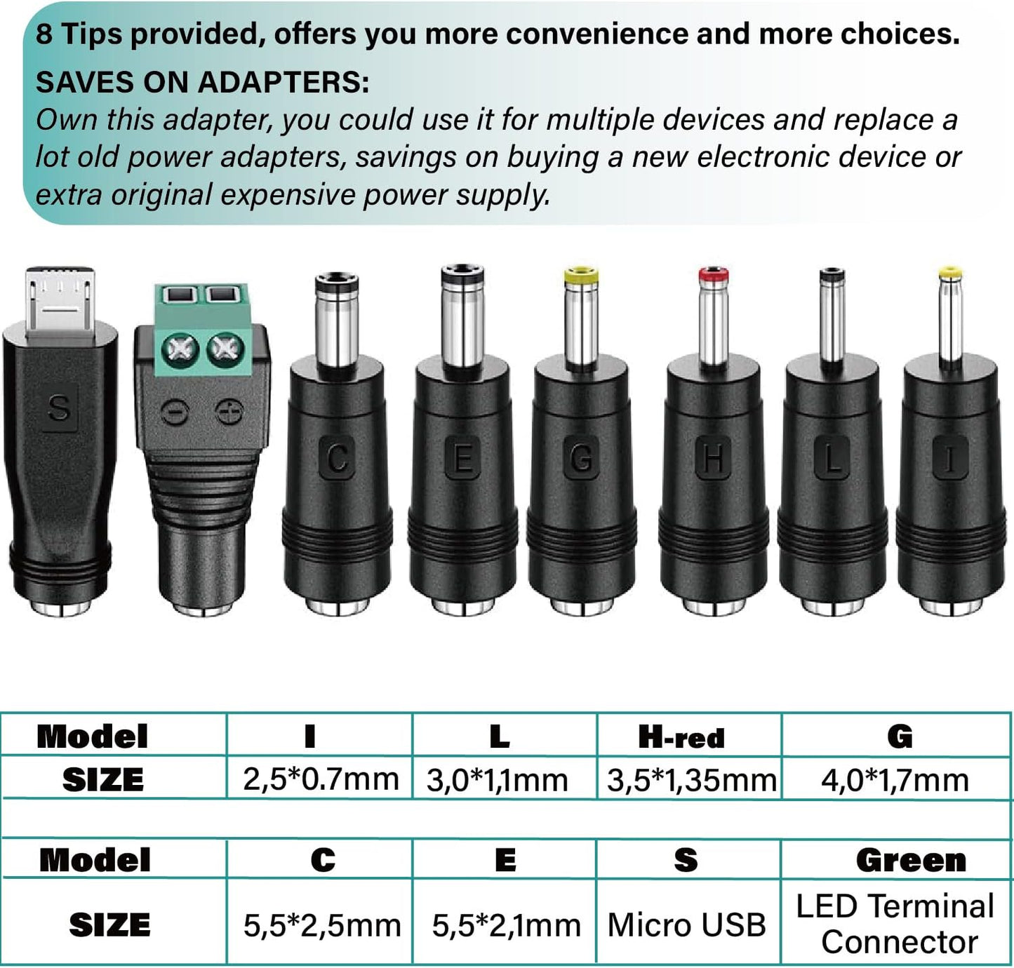 12W Universal AC to DC Power Supply 3 V 4.5 V 5 V 6 V 7.5 V 9 V 12 V 1 A, Multi-voltage Adapter with 8 DC Plugs for Home Electronics