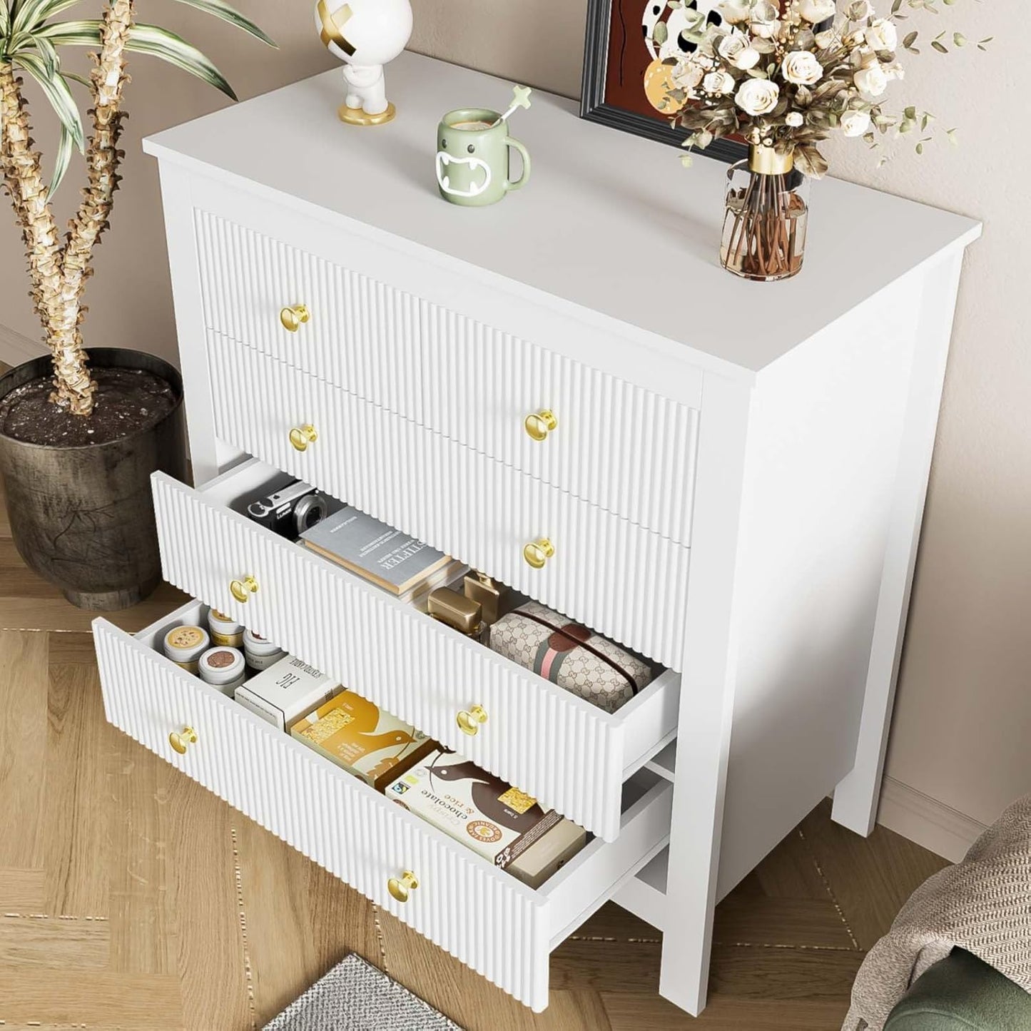 KOMHTOM Chest of Drawers for Living Room Bedroom White with 5 Drawers Wardrobe with Gold Handles Living Room Kitchen Bedroom Furniture White