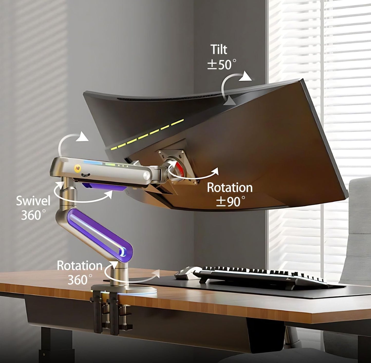 NB ERGONOMIC RGB Gaming Monitor-arm for Flat/Ultrawide/Curved Monitors 32 to 60 inch, Heavy Duty Stand Load up to 20 kg, VESA 75/100 mm Monitor-Mount G70-New