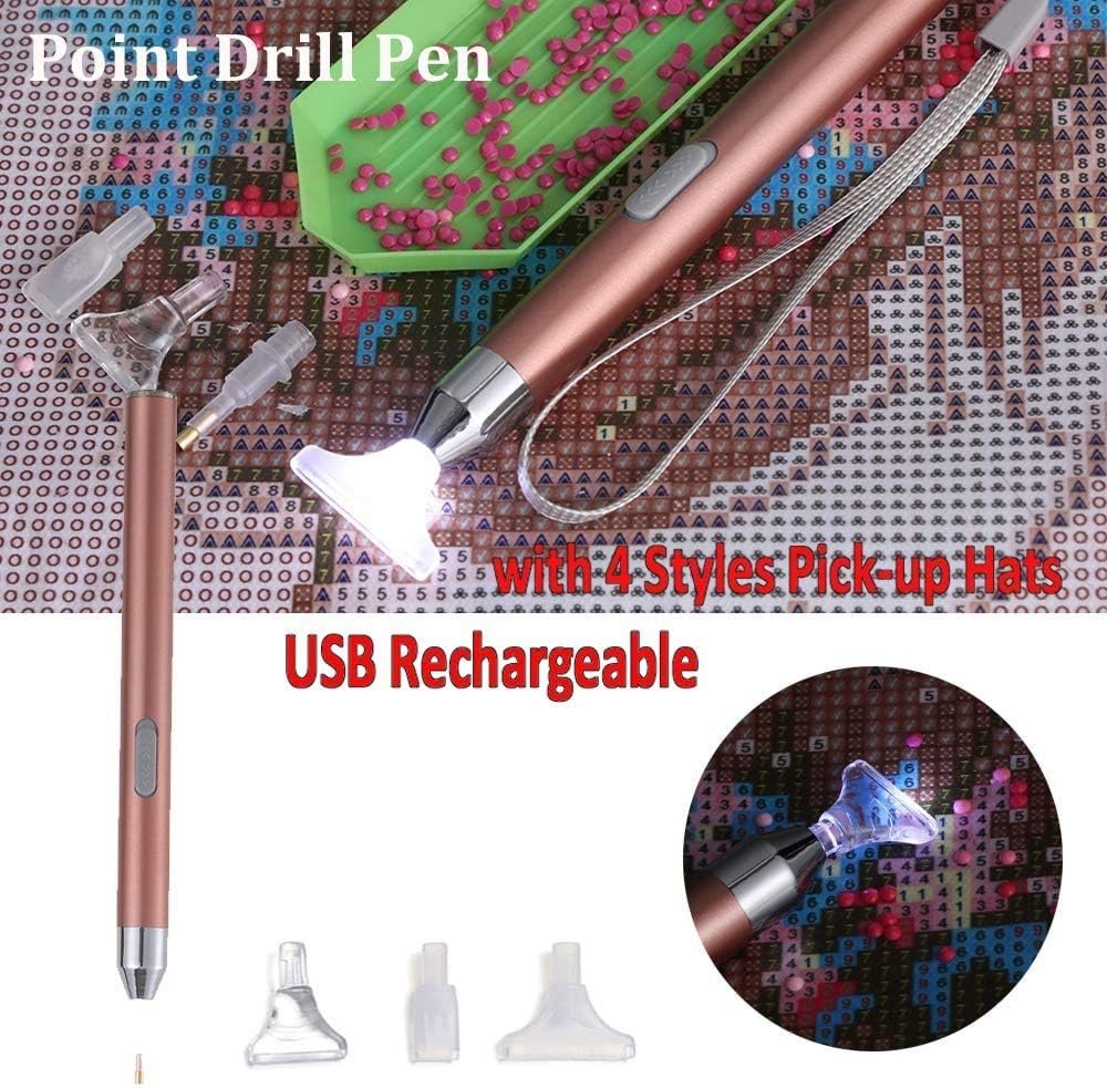 LED Diamond Painting Drill Pen, Upgrade USB Rechargeable Lighting Point Drill Pen, 4 Pen Heads, Storage Bag, Painting Accessories Kits Cross Stitch Tools for DIY Craft (Rose Golden)