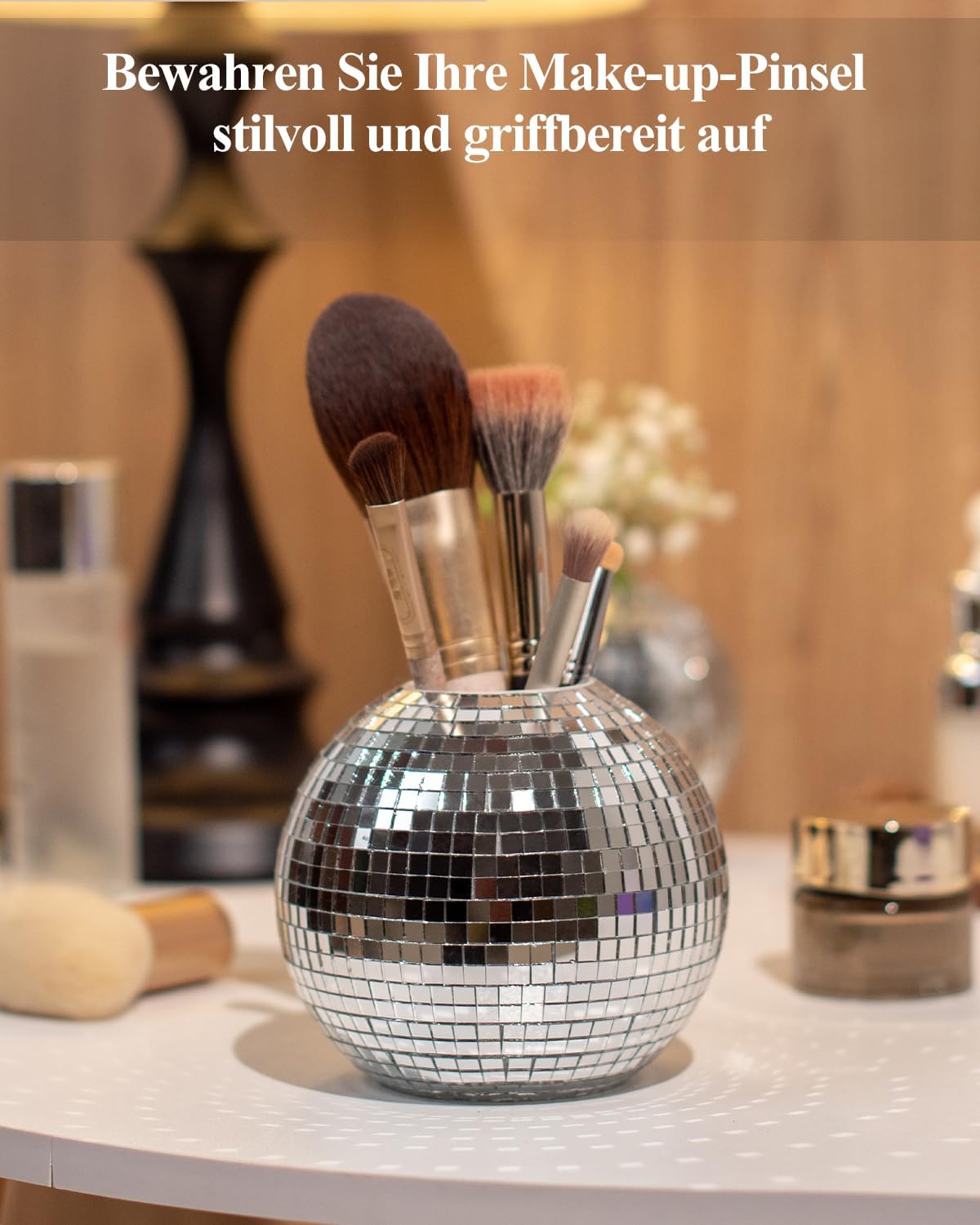 RGBDOT Disco Ball Desk Pencil Holder - Disco Ball Pen & Make Up Brush Organizer with Silver Sequins, Disco Accessory, Office Home or Bedroom Decor, 4 in
