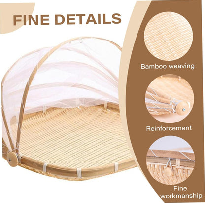 Fruit Basket with Cover 15x15 in Square Woven Bamboo Bread Basket with Lid Dust-Proof Mesh Wicker Food Serving Tent for Picnic Vegetable Fruits Meals