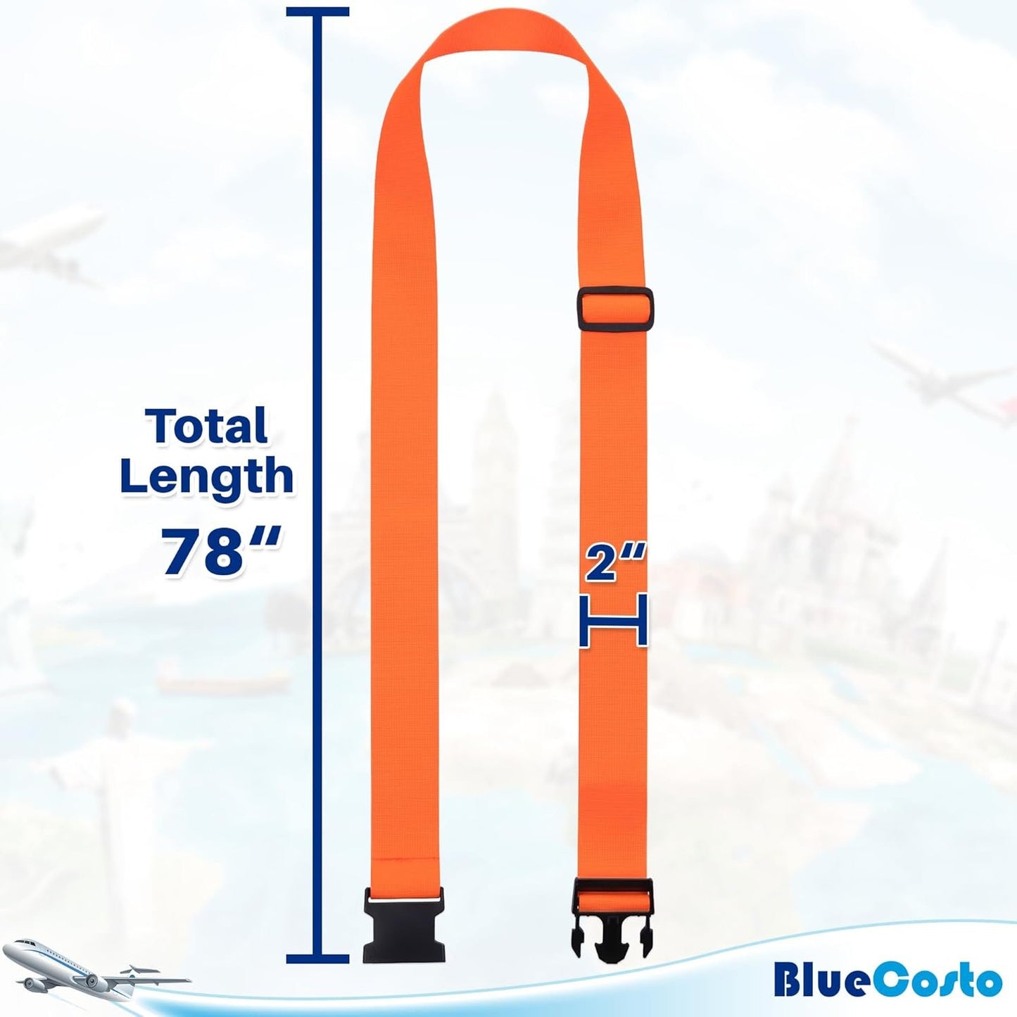 Luggage Straps for Suitcases - Orange, 4 PK - Premium Nylon Belts for Luggage Security - Heavy-Duty w/Adjustable Length (46â€-78â€) for Suitcase, Briefcase, Backpack & Travel Bag - by BlueCosto