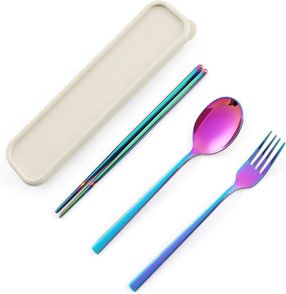 Camping Flatware 3PCS, Stainless Steel Travel Outdoor PVD Rainbow Cutlery Utensils Set Chopsticks Spoon Fork. Portable Work Utensils Cutlery Set with a Wheat Straw Case (Rainbow)