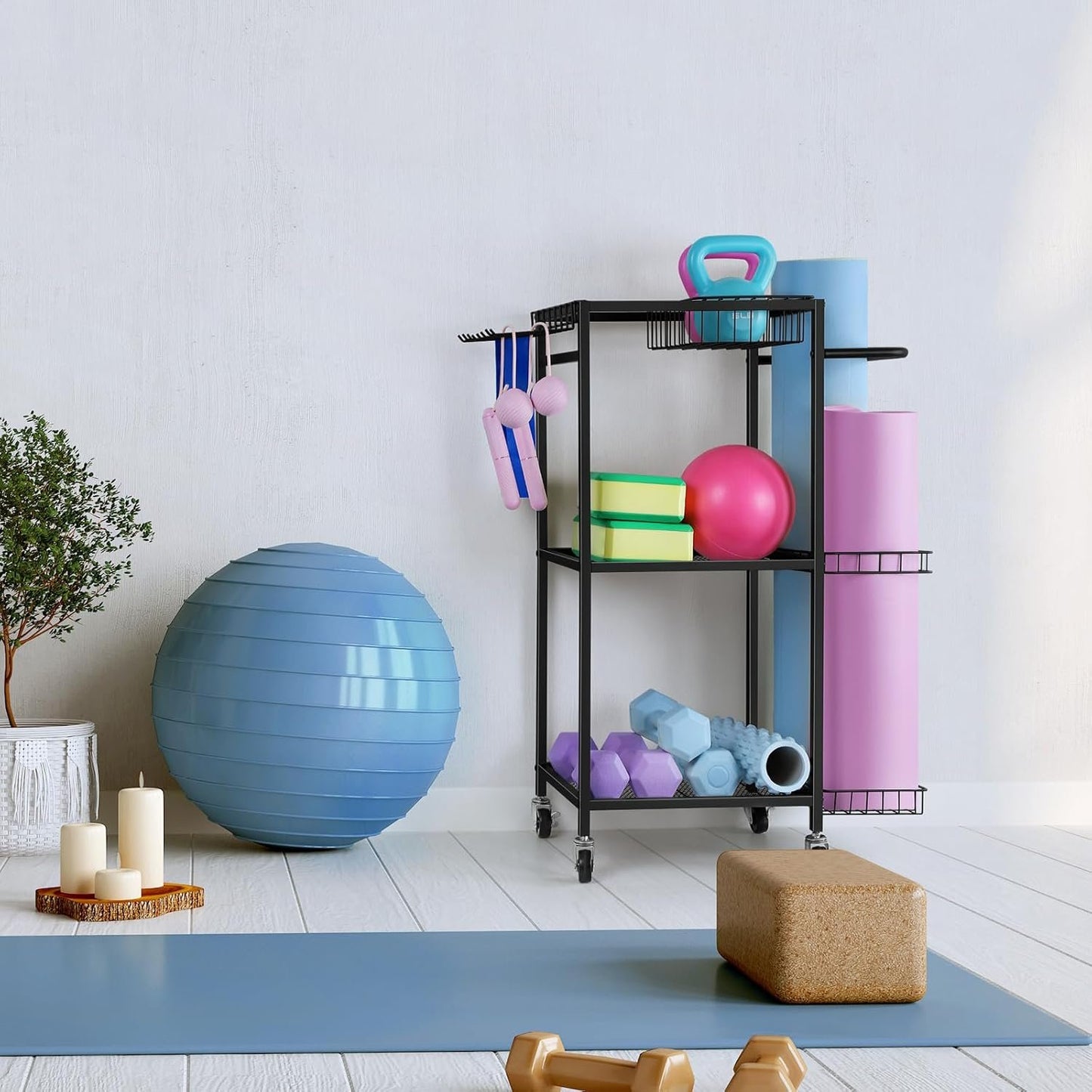 Weight Rack for Dumbbells Home Gym Equipment Storage Rack Workout Equipment Storage Cart with Hooks for Yoga Mats, Dumbbells, Kettlebells, Foam Rollers, and Resistance Bands