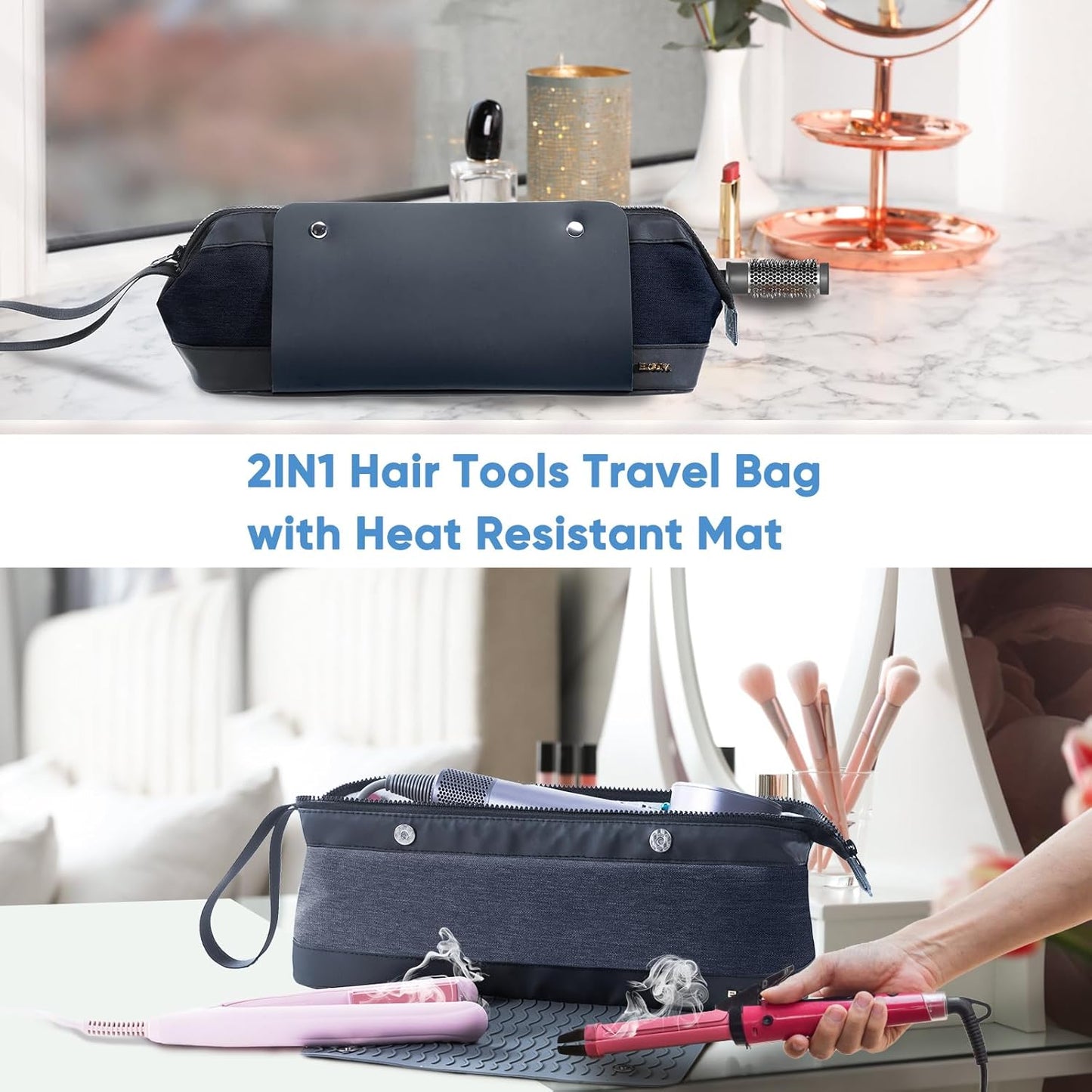 2IN1 Hair Tools Travel Bag with Heat Resistant Mat for Flat Irons, Straighteners, Curling Iron, and Haircare Accessories,Compatible with Revlon One Step Hair Dryer,Revlon Volumizer Hair Dryer Brush