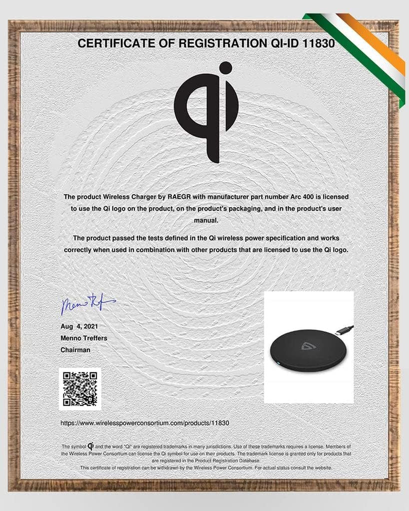 RAEGR Arc 400 Pro 15W Type-C PD | Made in India | Qi-Certified Wireless Charger with Fireproof ABS Compatible with iPhone 16/15/14/13 Series, Galaxy S25/S24/S23 Series, OnePlus 9/9 Pro -Matte Black