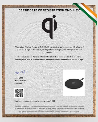 RAEGR Arc 400 Pro 15W Type-C PD | Made in India | Qi-Certified Wireless Charger with Fireproof ABS Compatible with iPhone 16/15/14/13 Series, Galaxy S25/S24/S23 Series, OnePlus 9/9 Pro -Matte Black