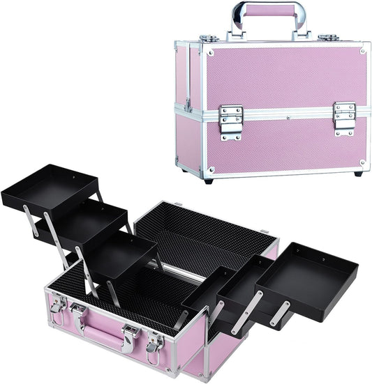 Professional Makeup Case Large Size Cosmetic Case Cosmetic Case Makeup Organizer 6 Trays Lockable, pink, L