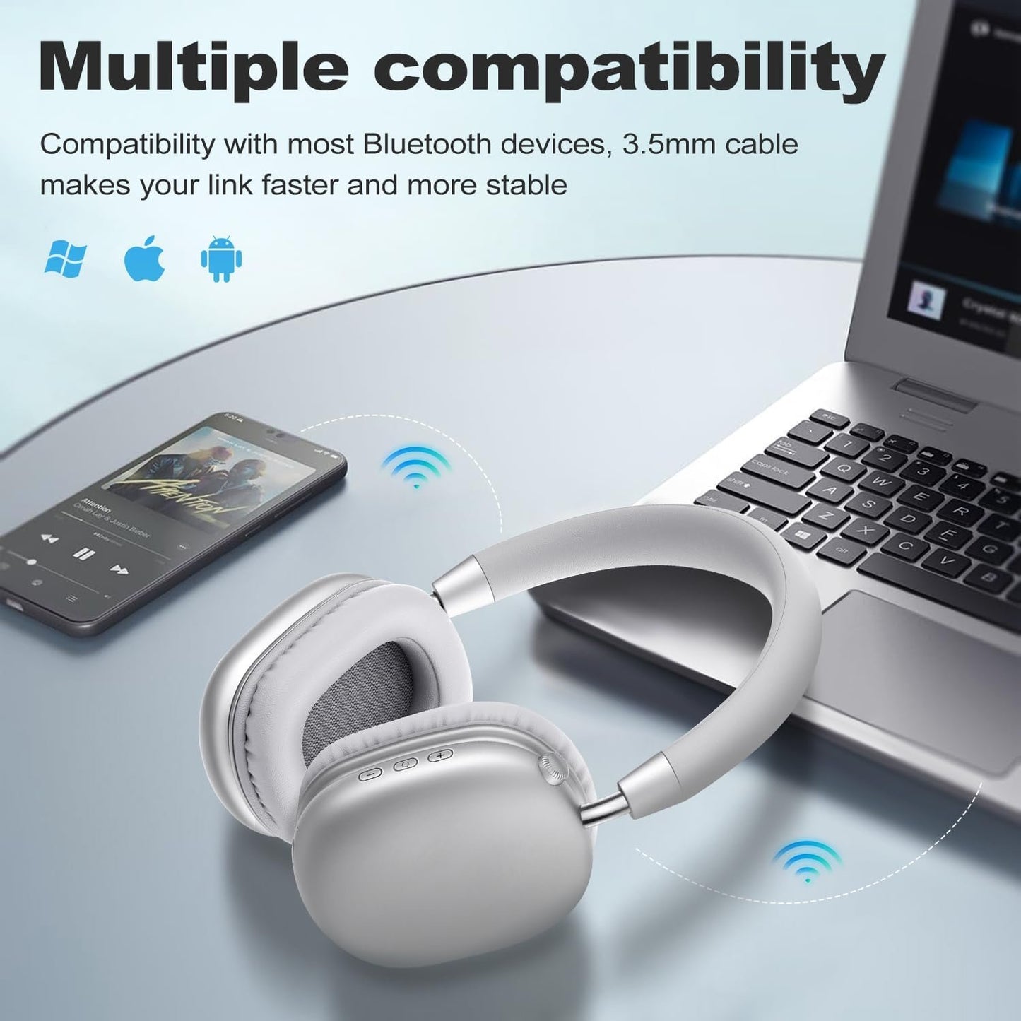 ZTOZ Wireless Headphones Over-Ear Bluetooth Adjustable 42 Hours of Listening Time Volume Control, Fitting in Gaming/Running/Sports Headphones for iPhone/Android/Samsung - Silver