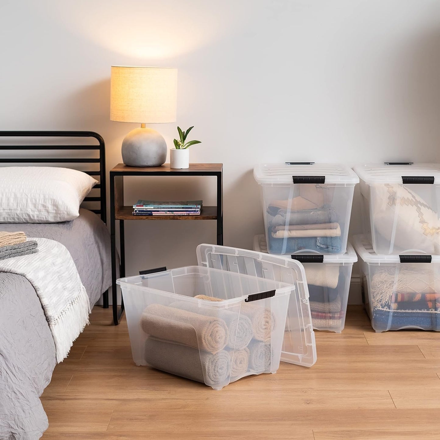 IRIS USA 51 L Plastic Storage Box with Lid and Latches - 6 Pack - BPA-Free, See-Through Organizing Solution, Durable Nestable Stackable Containers, Secure Pull Handle - Clear