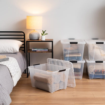 IRIS USA 51 L Plastic Storage Box with Lid and Latches - 6 Pack - BPA-Free, See-Through Organizing Solution, Durable Nestable Stackable Containers, Secure Pull Handle - Clear