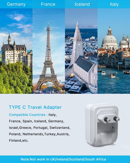 1 Pack European Travel Plug Adapter, VINTAR Foldable International Power Plug with 2 AC Outlets 3 USB Ports(2 USB C), Type C Travel Essentials Charger for Canada to Most of Europe Italy Spain France