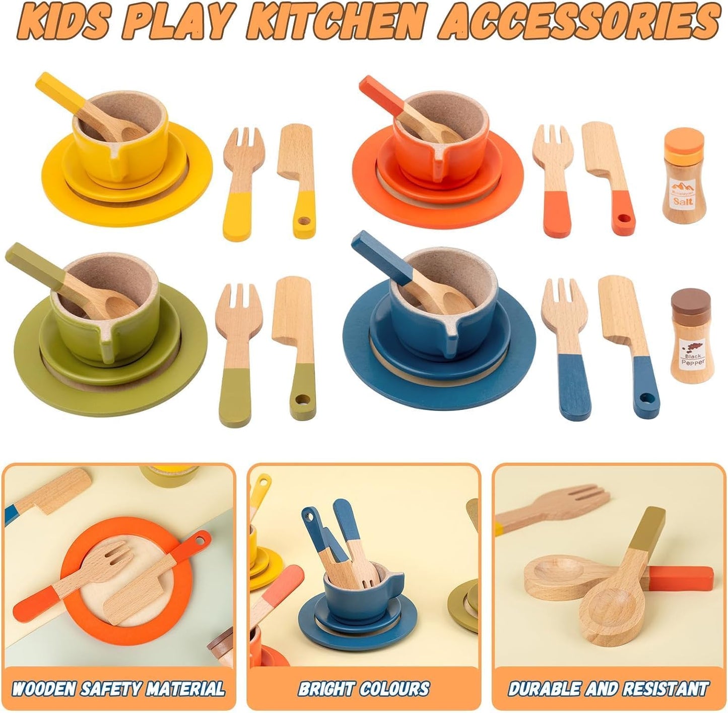 XICEN Wooden Dish Set for Kids, Play Dishes for Kids Kitchen, Wood Plates Set for Toddler, Montessori Wooden Kitchen Toys Accessories
