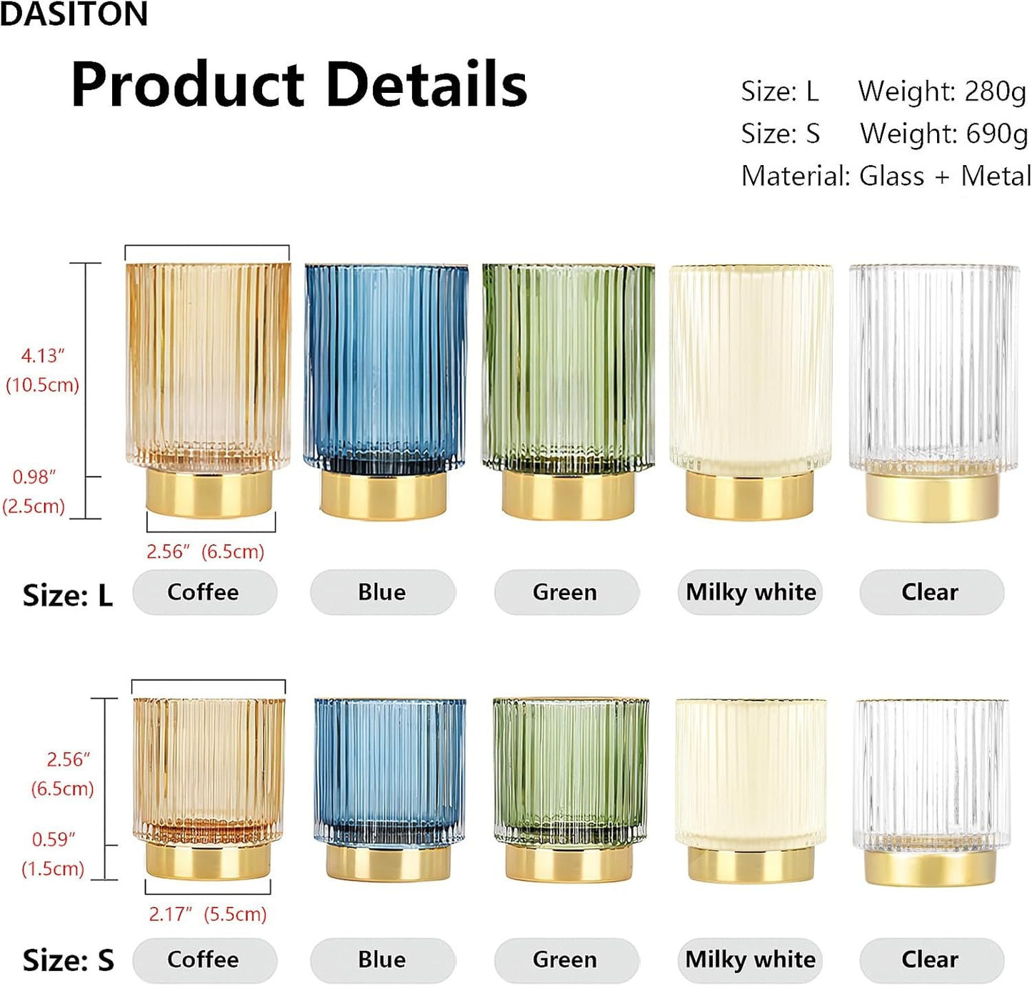 DASITON Makeup Brush holder Organizer,Crystal Cosmetic Makeup Brush Glass Brushes Storage Holder, Vintage Make Up Brush Cup Pen Pencil Holder striped vase(Green S+L）
