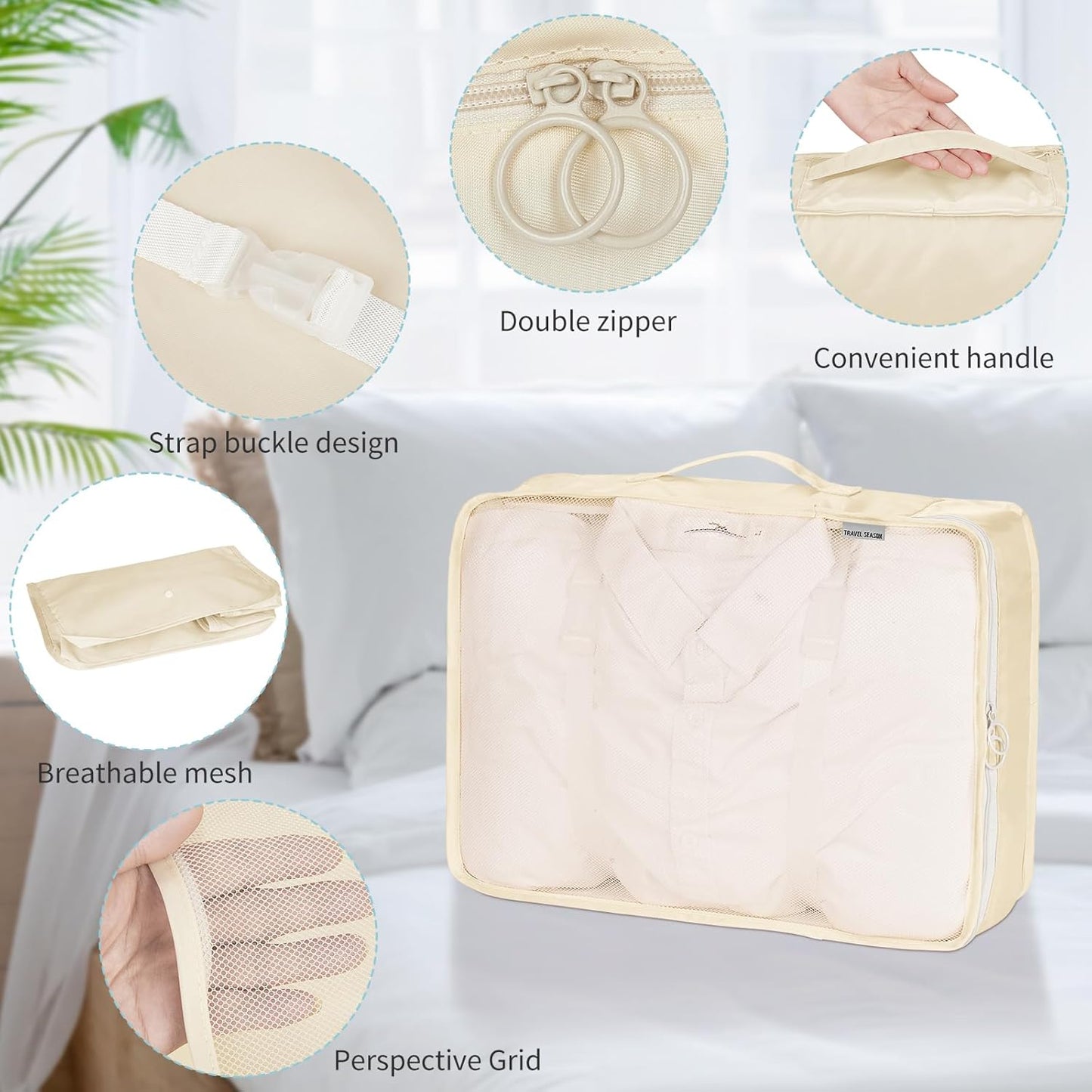 Coolzon Packing Cubes Travel Suitcase Organizer Set of 11, Compression Luggage Organizer Space-Saving for Clothes, Ultralight, Shoes, Underwear, Black, beige