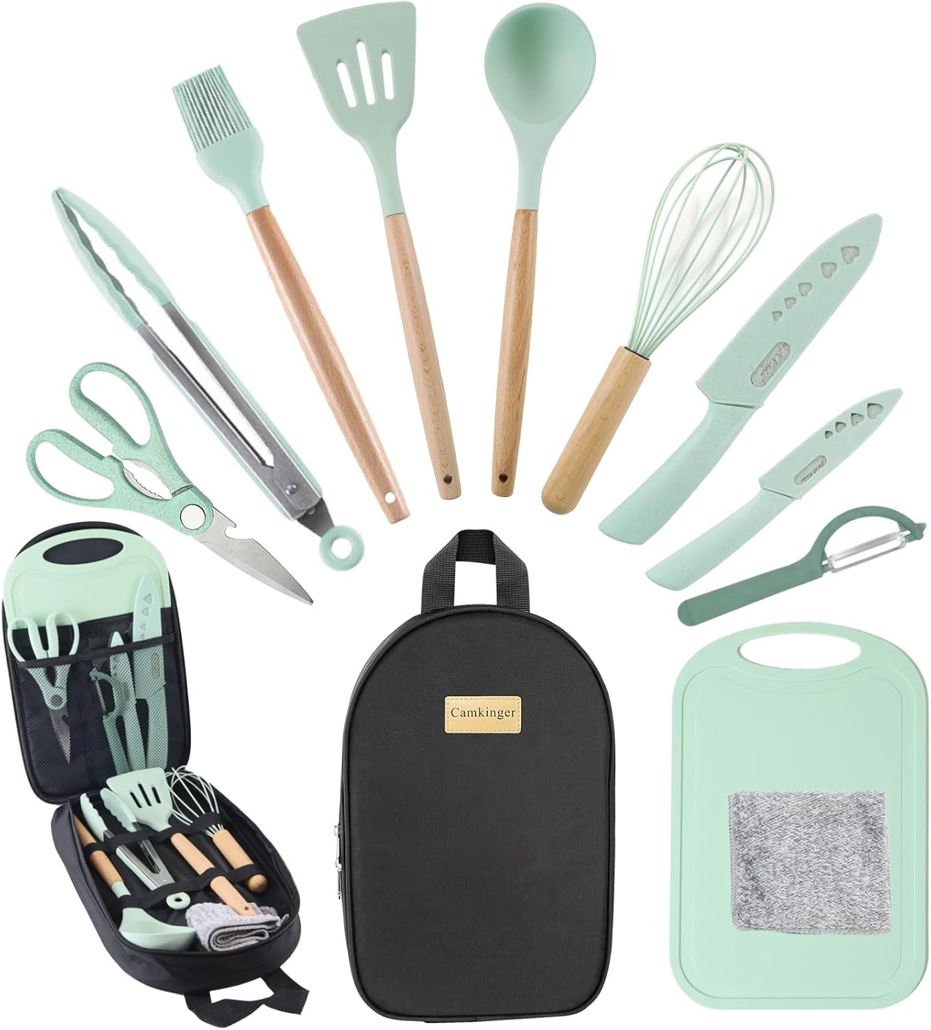 Camkinger Silicone Camping Cooking Utensils Set - 12Pcs Green Kitchen Cookware Set, Outdoor Camper Accessories with Portable Hand Bag, RV Must Haves Gear for Travel BBQ, for Camper