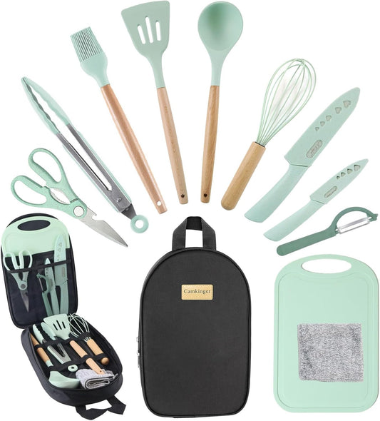 Camkinger Silicone Camping Cooking Utensils Set - 12Pcs Green Kitchen Cookware Set, Outdoor Camper Accessories with Portable Hand Bag, RV Must Haves Gear for Travel BBQ, for Camper