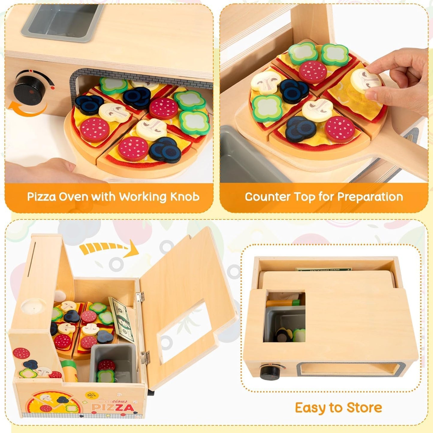 HELLOWOOD Wooden Pizza Counter Play Set Top & Bake Toy Set with Pizza Cutter 49 PCS Pretend Play Food Kitchen Set for Preschoolers Kids Boys Girls Ages 3+…