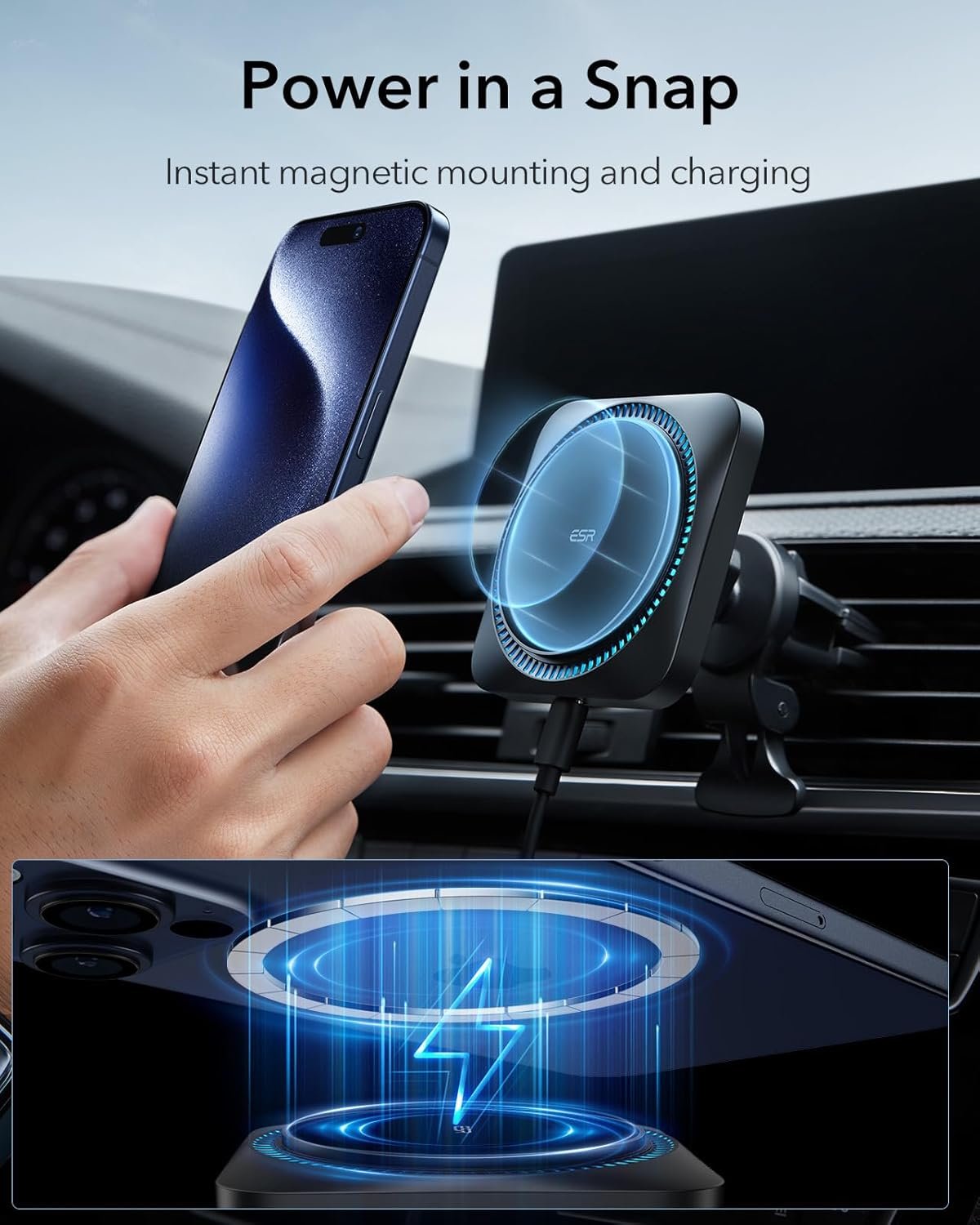 ESR for 15W MagSafe Car Mount Charger - CryoBoost Phone Cooling Faster Charging, Air Vent/Dashboard Magnetic Wireless Car Charger for iPhone 16 15 14 13 12 Pro Max Plus Mini, S25, MagSafe Accessories
