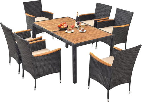 HAPPYGRILL 7 Pieces Outdoor Dining Set, Patio Conversation Set with Umbrella Hole, Acacia Wood Tabletop & Seat Cushions, Dining Table with 6 Rattan Wicker Chairs for Backyard Poolside Deck