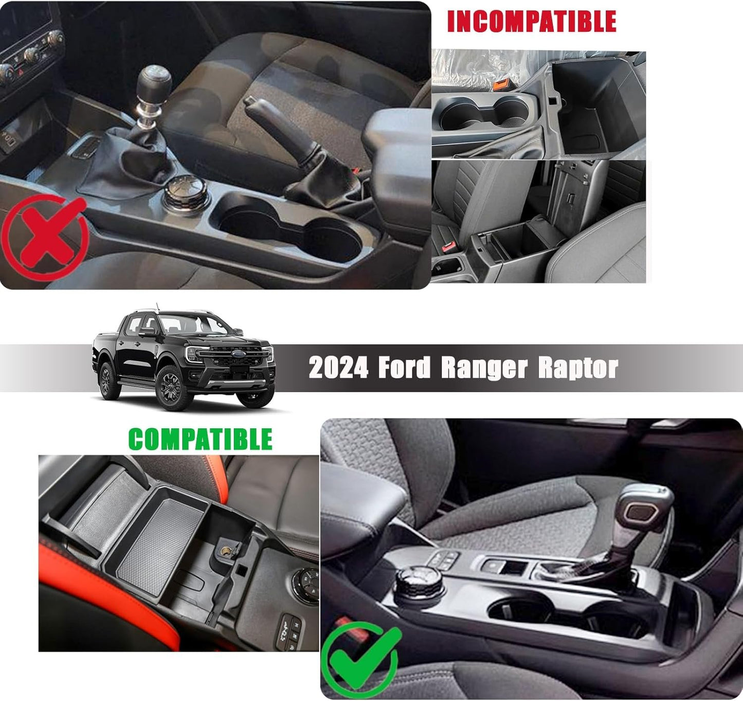 Neepiar Center Console Organizer Tray Compatible with 2024 Ford Ranger Raptor Lariat XL XLT Armrest Storage Box Insert Interior Accessories-ONLY FIT Electric Handbrake Version