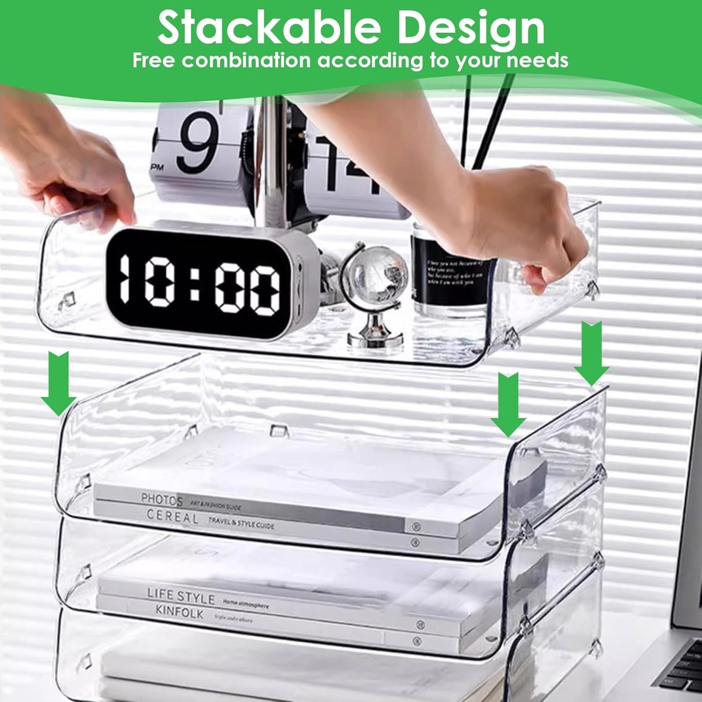 YIQXKOUY 4 Tier Acrylic Desk Organizer 12.7 x 9.8 x 5.5 Inch Acrylic Desk Organizer Tray Stackable Document Clear Desk Accessories for Office Document Workspace Desktop