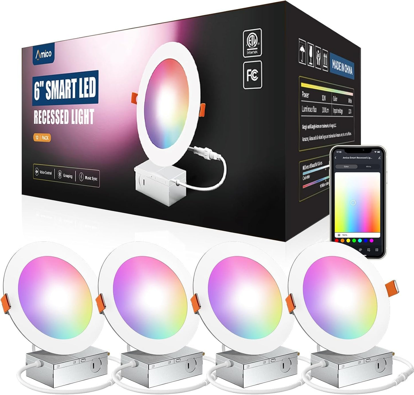 Amico 4 Pack 6 Inch Smart LED Recessed Lighting, WiFi Canless Downlight with Junction Box, RGB & 2700-6500K Color Changing, 12W=110W 1000LM, Voice&Remote&Group Control