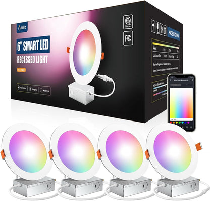 Amico 4 Pack 6 Inch Smart LED Recessed Lighting, WiFi Canless Downlight with Junction Box, RGB & 2700-6500K Color Changing, 12W=110W 1000LM, Voice&Remote&Group Control
