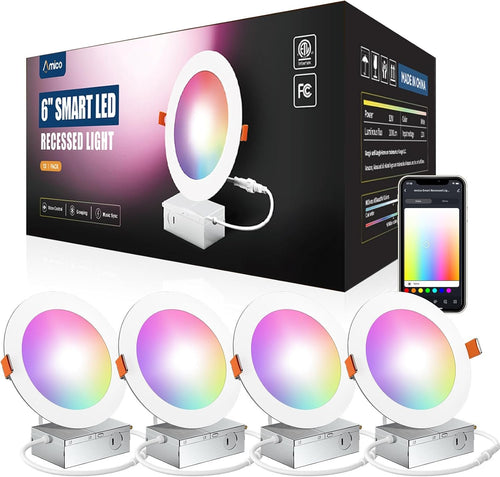 Amico 4 Pack 6 Inch Smart LED Recessed Lighting, WiFi Canless Downlight with Junction Box, RGB & 2700-6500K Color Changing, 12W=110W 1000LM, Voice&Remote&Group Control