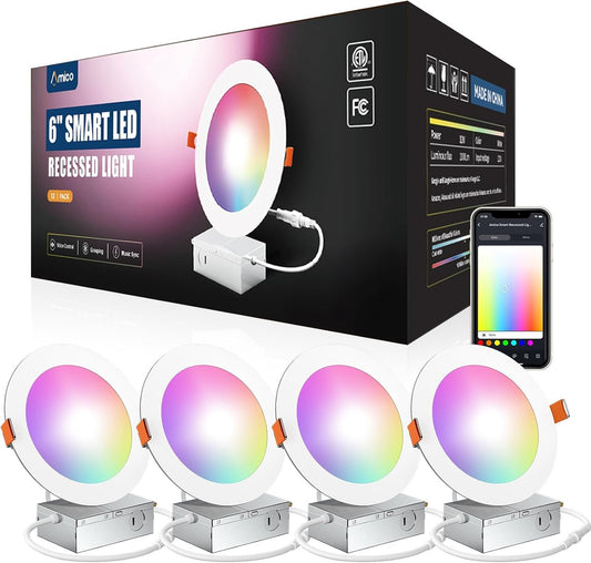 Amico 4 Pack 6 Inch Smart LED Recessed Lighting, WiFi Canless Downlight with Junction Box, RGB & 2700-6500K Color Changing, 12W=110W 1000LM, Voice&Remote&Group Control