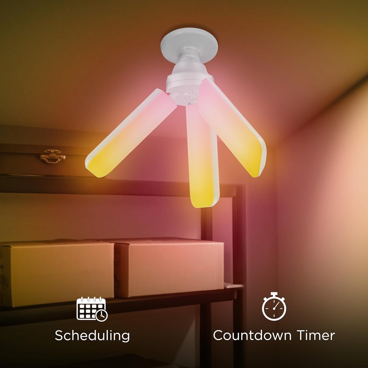 Feit Electric Smart LED Garage Light, RGBW 3 Panel, WiFi 2.4GHz, Screw-in LED Shop Light Bulb, Works with Alexa and Google Home Assistant, E26, 4000 Lumens, Garage Ceiling Light, ADJ4000/RGBW/LED/AG