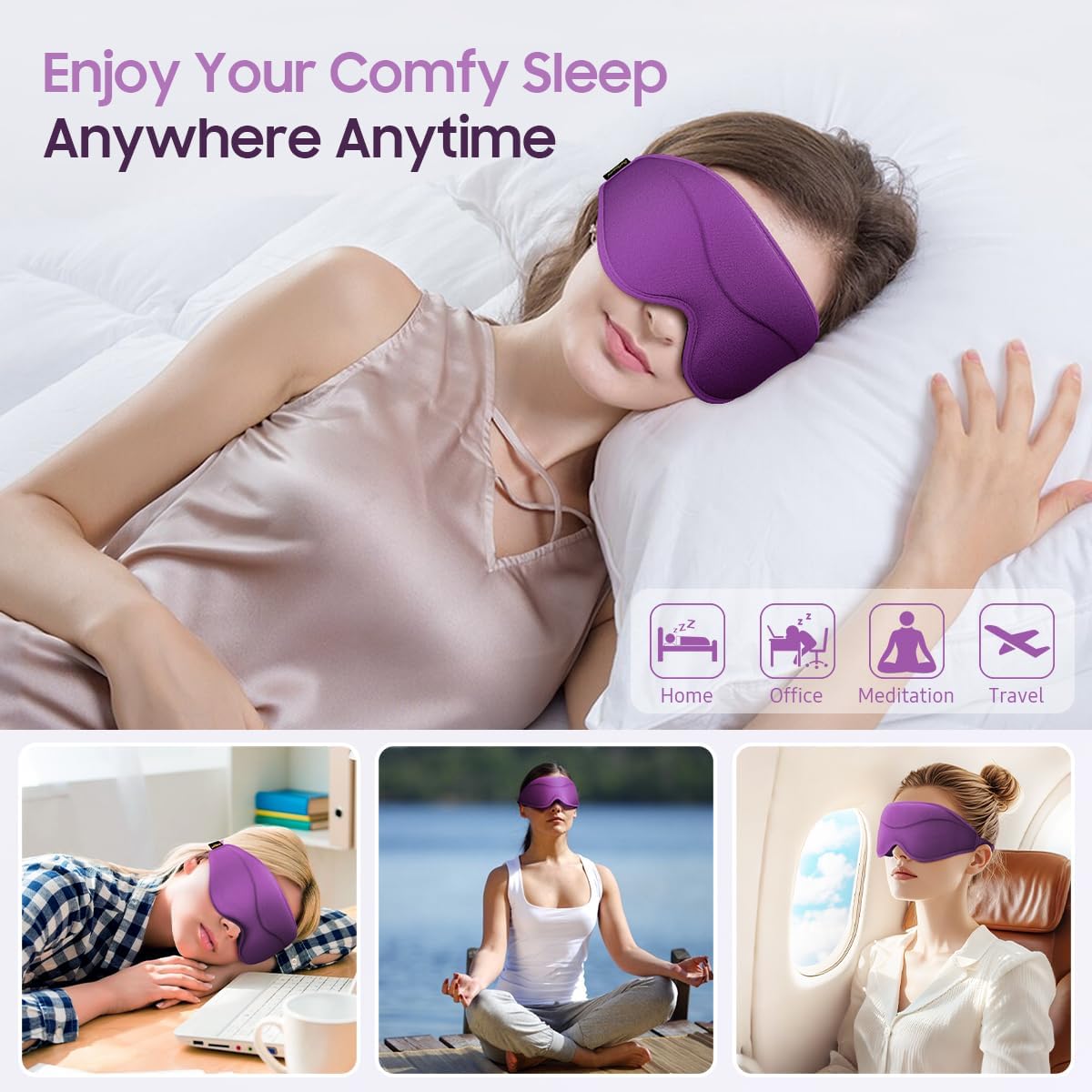BeHoomi Sleep Mask, Premium Eye Mask for Sleeping, Completely Blackout, Superior Soft Comfort, Upgraded 3D Ergonomic Designed Sleeping Mask for Home, Office, Travel, Meditation, Yoga, Purple