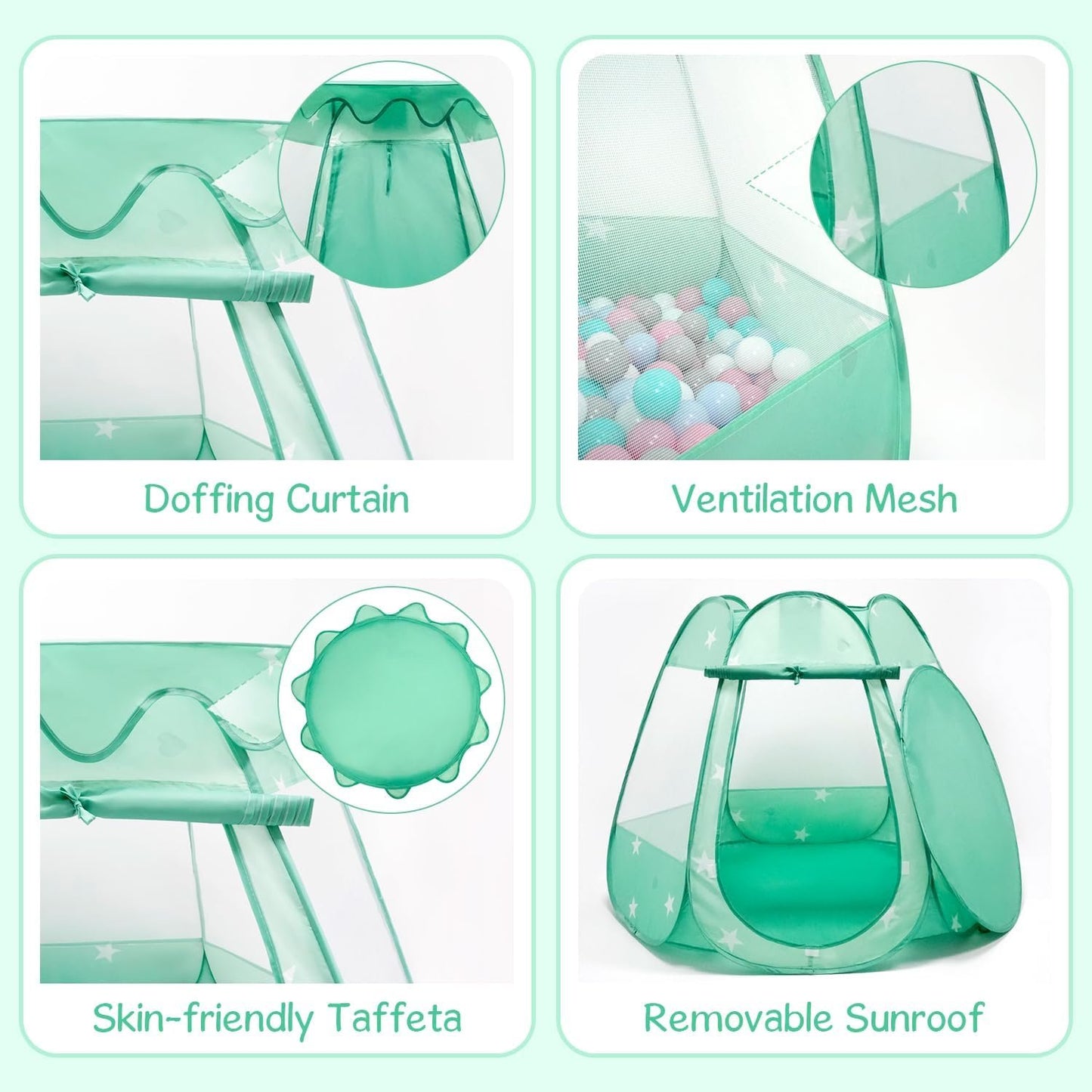 Baby Ball Pit for Toddler with 50 Balls, Pop Up Princess Tent with Star Lights for 1 2 3 Year Old Birthday Gift, 12-18 Months Baby Girl Toys with Carrying Bag, Indoor&Outdoor Play Tent for Kids(Green)