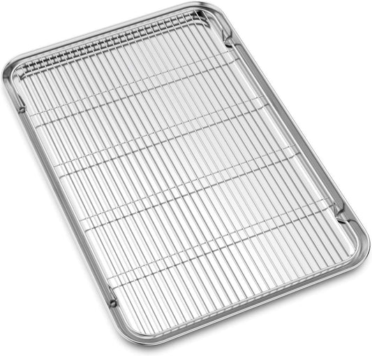 Bastwe Cookie Sheet and Cooling Rack Set, 16 inch Stainless Steel Baking Pan with a Rack, Professional Bakeware, Healthy & Non-toxic & Rustproof & Easy Clean & Dishwasher Safe 24 inch with Rack Metal Silver