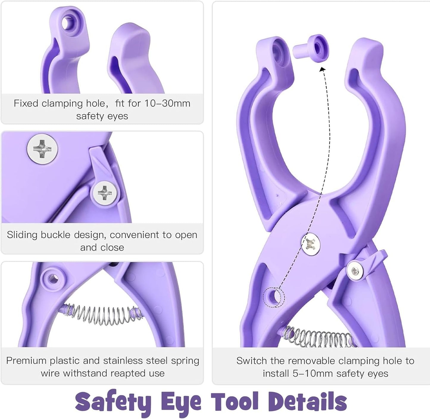 XANRONKJ Safety Eye Pliers Tool for Amigurumi, Safety Eye Snapper Crochet Tool Clamp & 100 PCS 6-12mm Safety Eyes for Amigurumi (Purple)