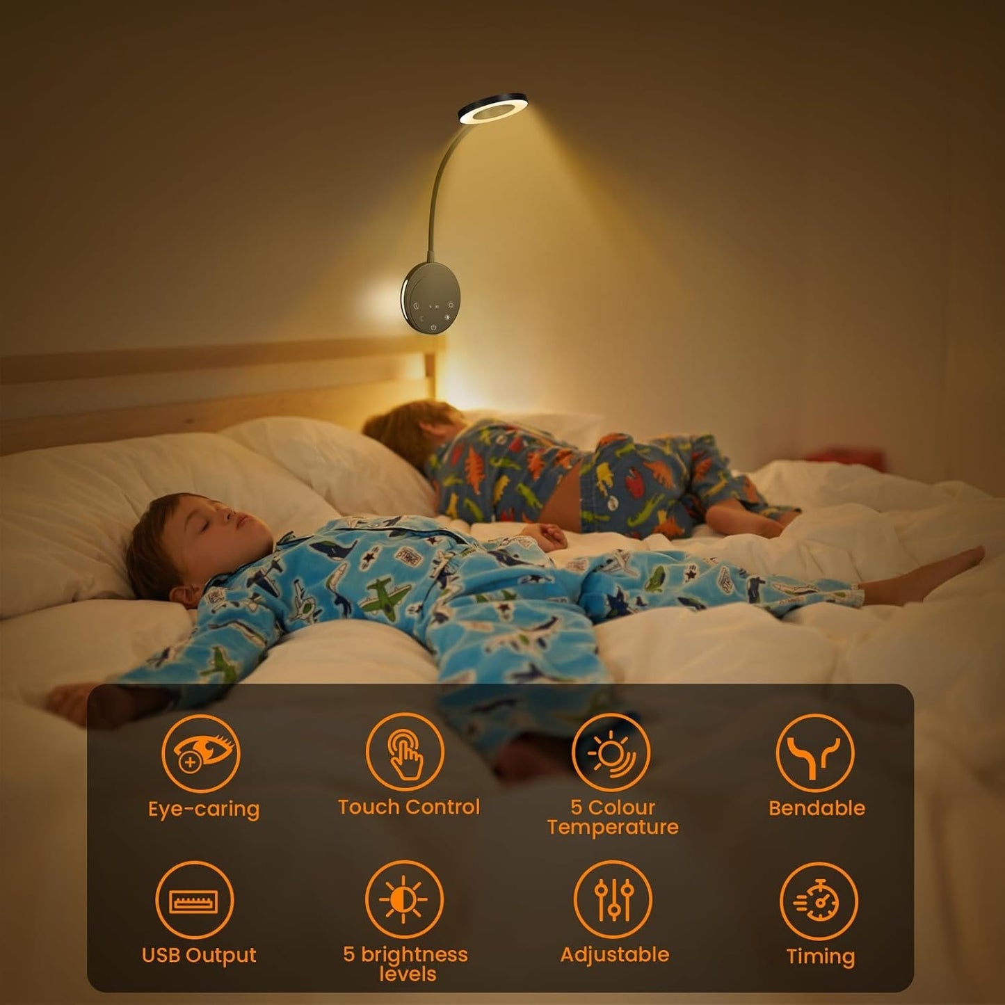 Wall Mounted Reading Light,NoeiiT Book Lights with 5 Dimming,Bedside Headboard Lights Flexible Gooseneck,USB Output,Night Light & Timers Function（5/30 min, 3000K-6500K Upgrade LED Bed Lamp Black
