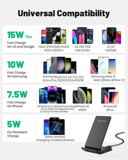 Wireless Charger Fast Wireless Charging Stand Compatible with iPhone 16 15 14 13 12 11 (Plus,Pro,Pro Max,Mini)/XS/XR/X,Samsung Galaxy S25 S24 S23 S22 S21 S20(Ultra,Plus)/Note 20/10,Pixel 9/87/6 Pro