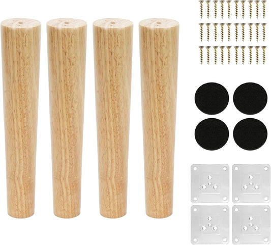 KINDPMA 4 Pieces 25 cm Solid Wood Furniture Feet Oak Furniture Legs Conical Furniture Feet with Mounting Plate and Screws for Sofa, Table, Bed, Wardrobe, TV Cabinet