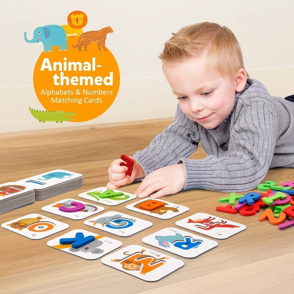 Coogam Numbers and Alphabets Flash Cards Set - ABC Wooden Letters and Numbers Animal Card Board Matching Puzzle Game Montessori Educational Toys Toddlers Age 2 3 4 5 Preschool and Up Years