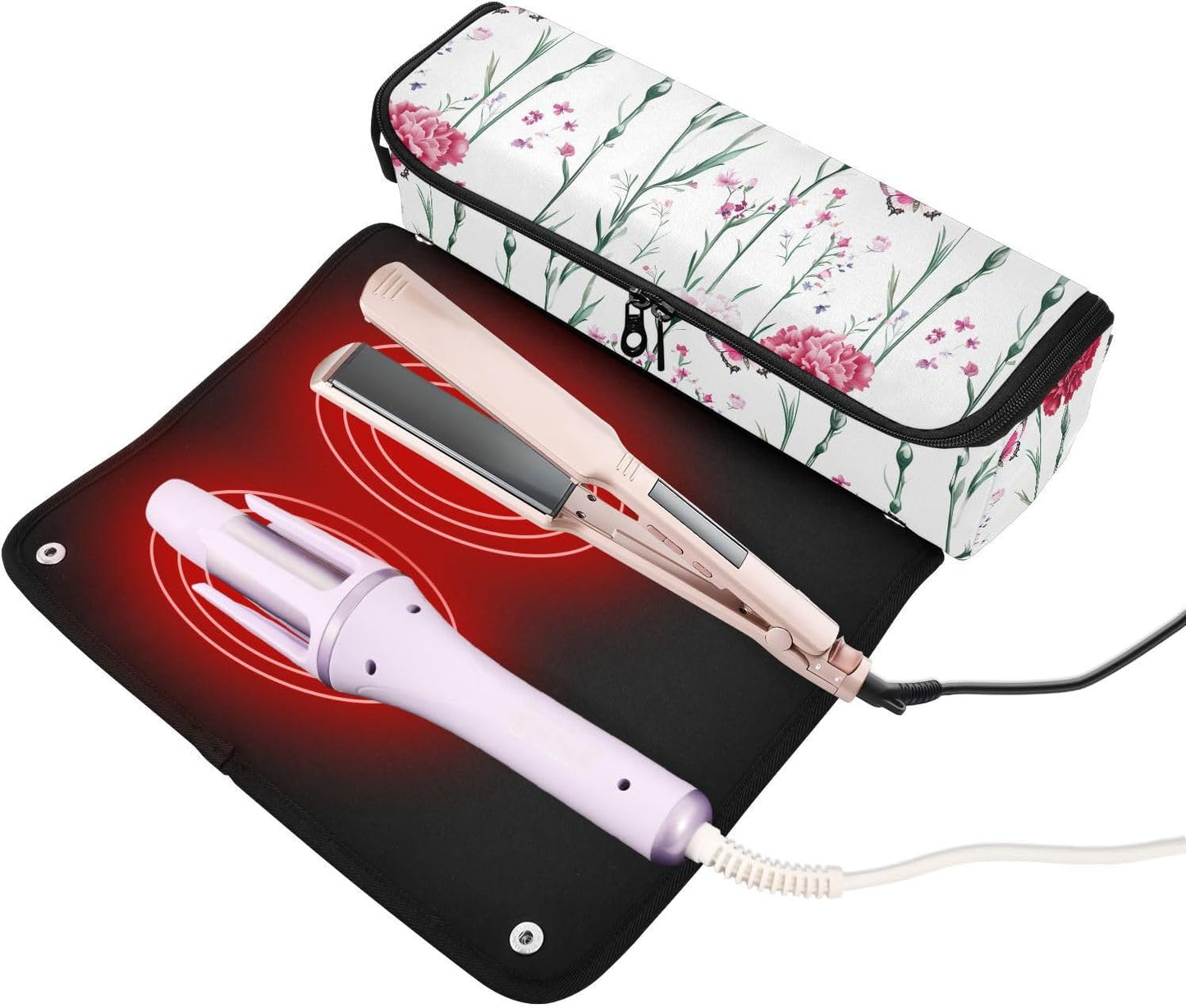 FRODOTGV Nature Garofani Borsa da viaggio per strumenti per capelli caldi bianchi e tappetino resistente al calore Custodia da viaggio portatile per utensili caldi e accessori per la cura dei capelli